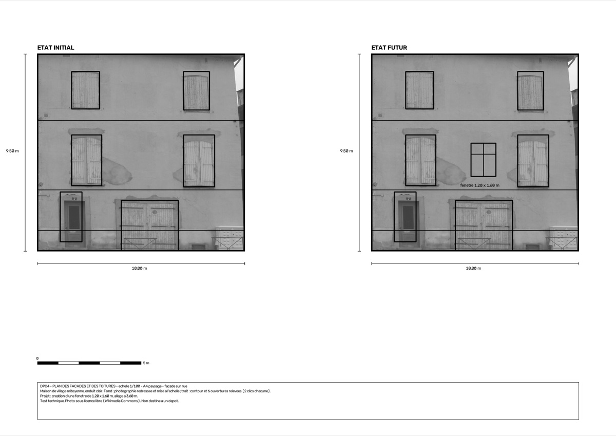 Planche DPC4 : deux vues de la même façade, état initial à gauche, état futur à droite avec une fenêtre projetée cotée 1,20 × 1,60 m, cotes d'encombrement 10,00 m par 9,50 m, échelle graphique de 5 m.